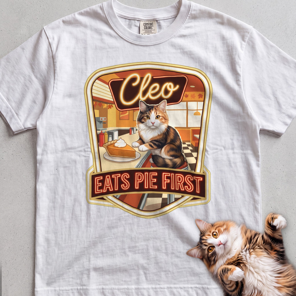 Personalized Pie First Diner Cat T-Shirt - White