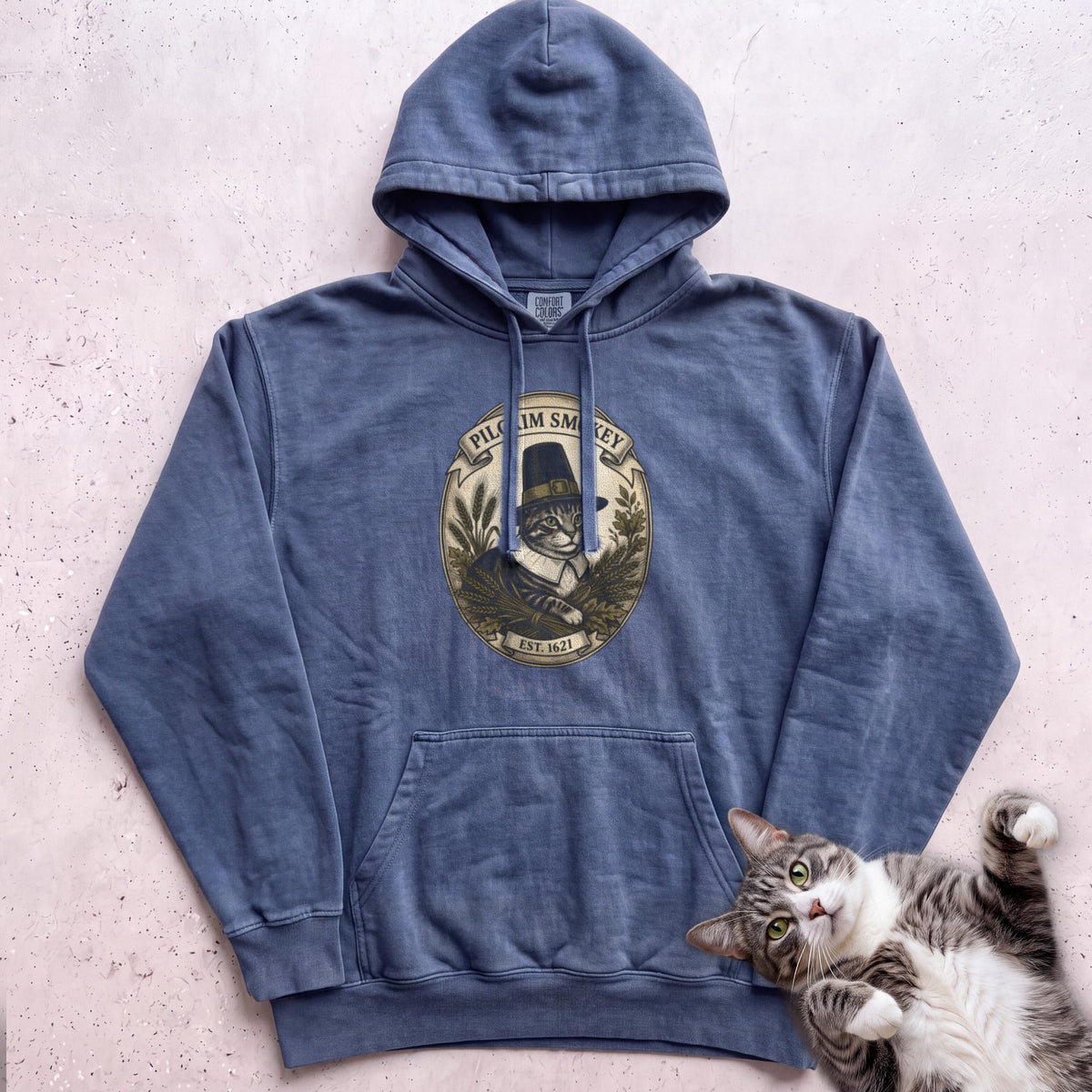 Personalized Pilgrim Cat Hoodie - Denim