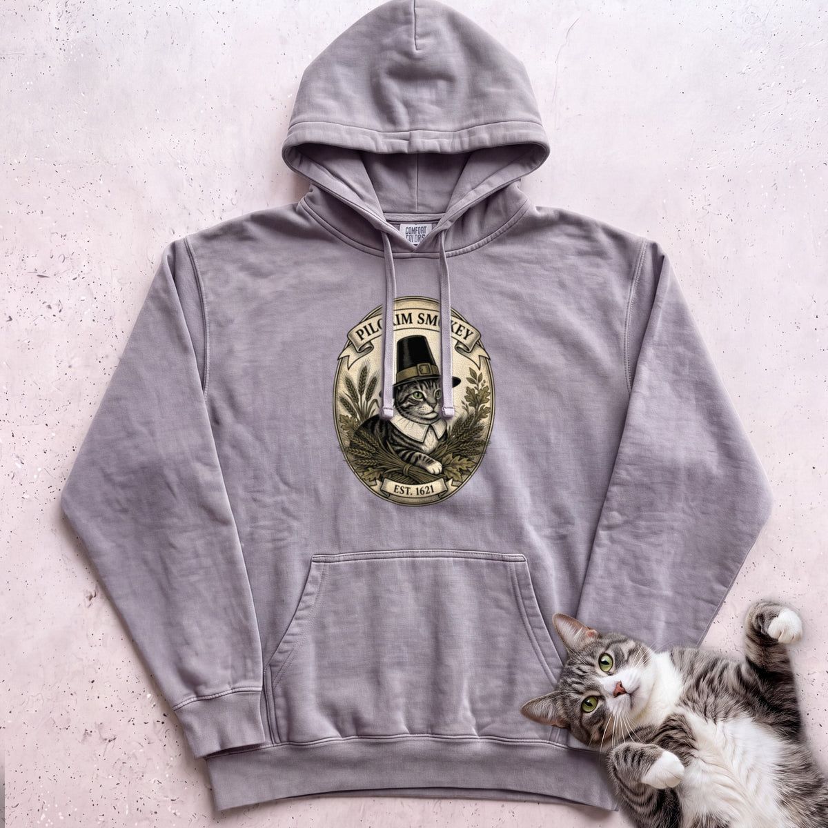 Personalized Pilgrim Cat Hoodie - Grey