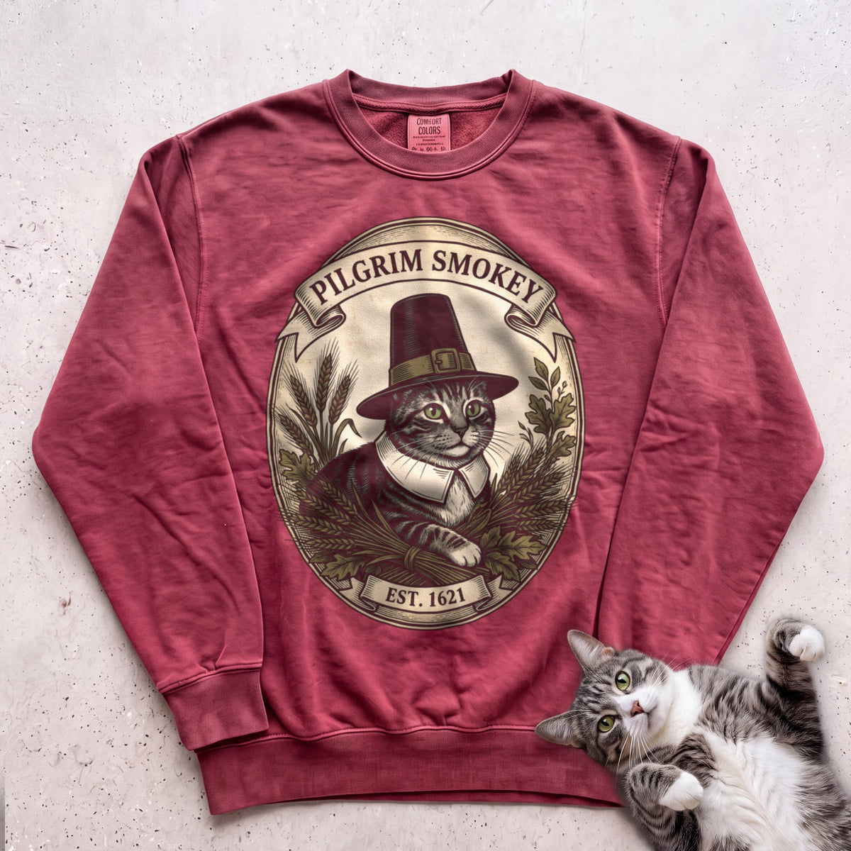 Personalized Pilgrim Cat Sweatshirt - Crimson