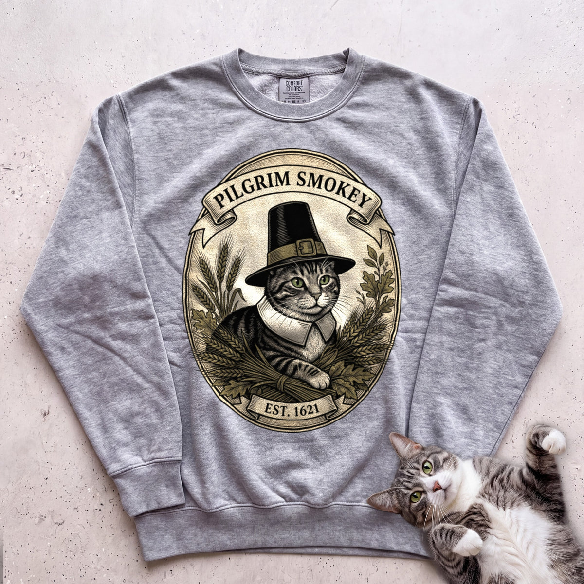 Personalized Pilgrim Cat Sweatshirt - Grey