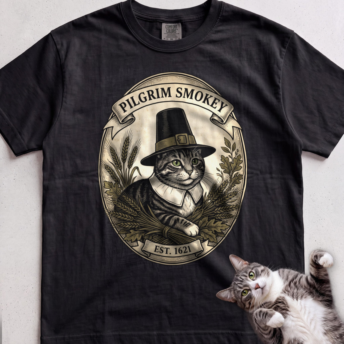 Personalized Pilgrim Cat T-Shirt - Black