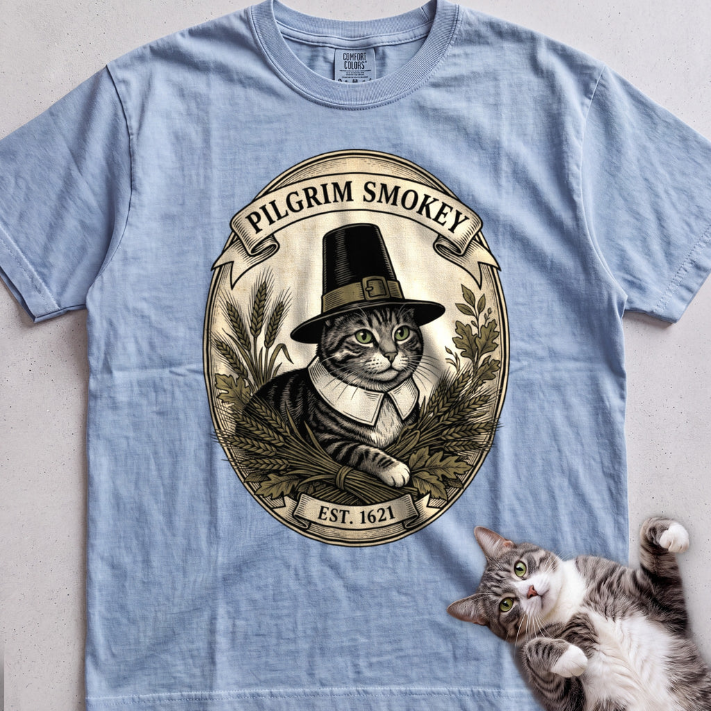 Personalized Pilgrim Cat T-Shirt - Chambray