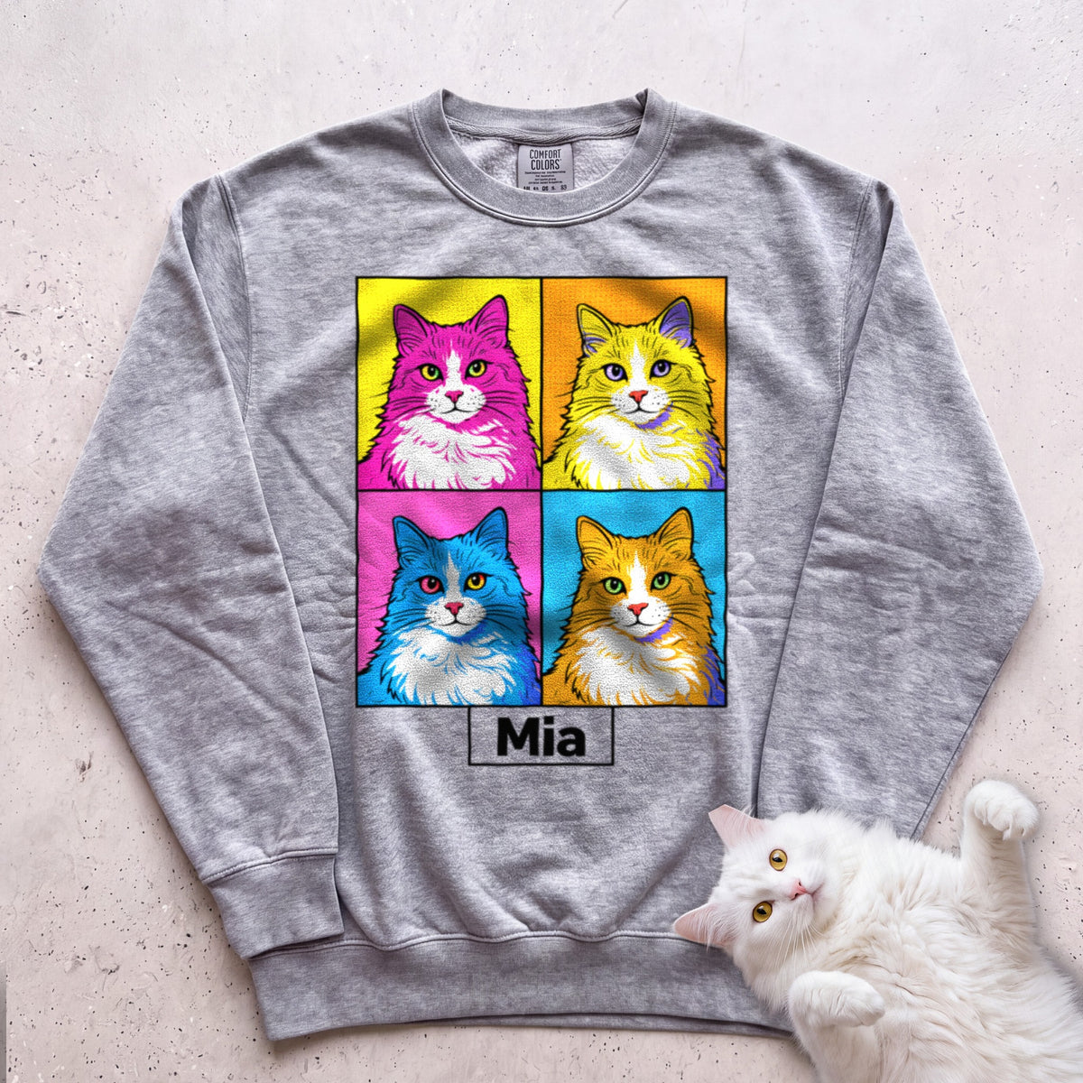 Personalized Pop Art Cat Sweatshirt - Grey