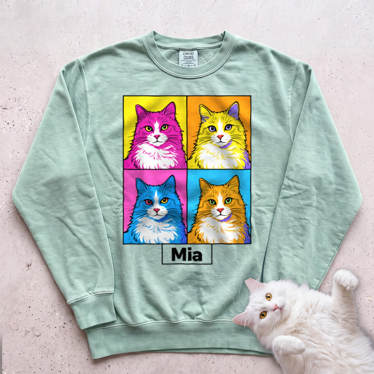 Personalized Pop Art Cat Sweatshirt - Light Green