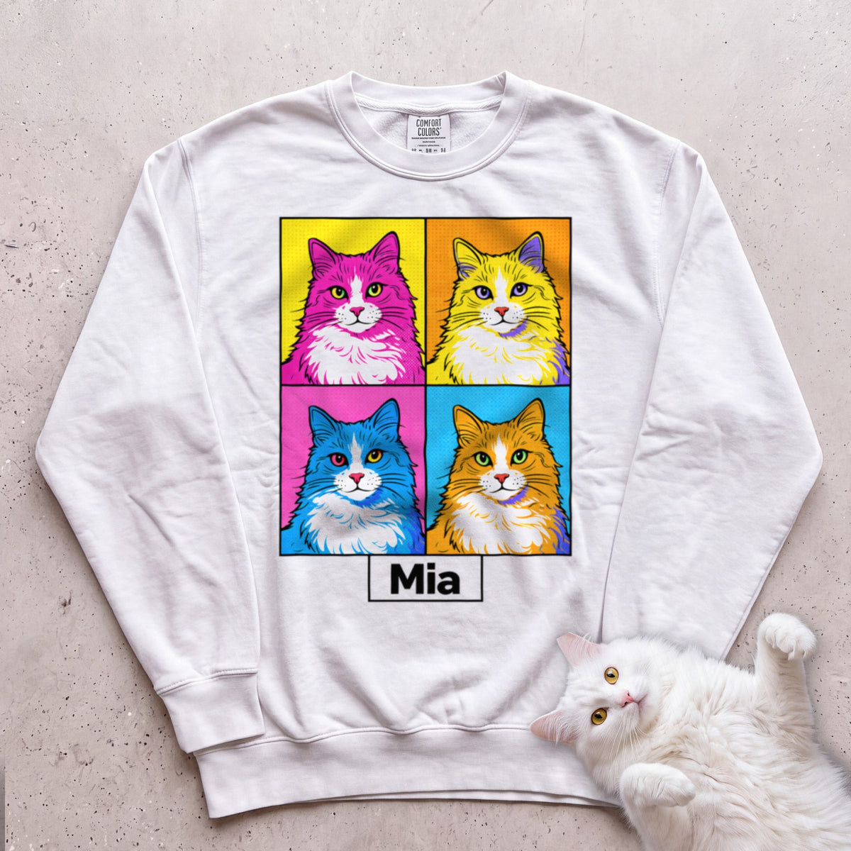 Personalized Pop Art Cat Sweatshirt - White