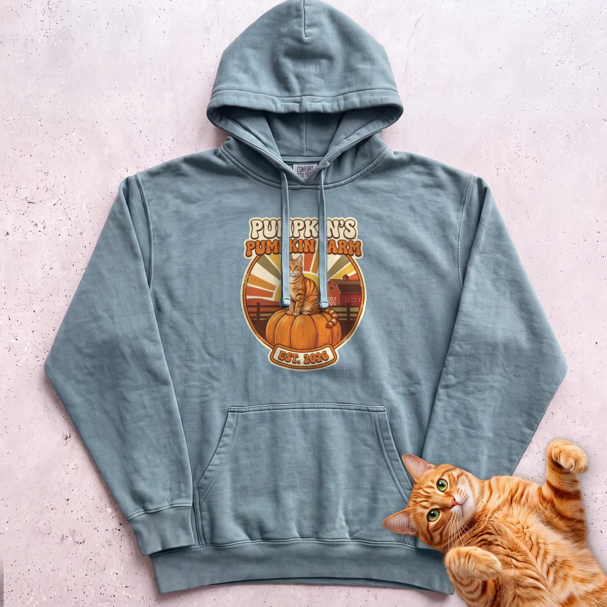 Personalized Pumpkin Farm Cat Hoodie - Seafoam