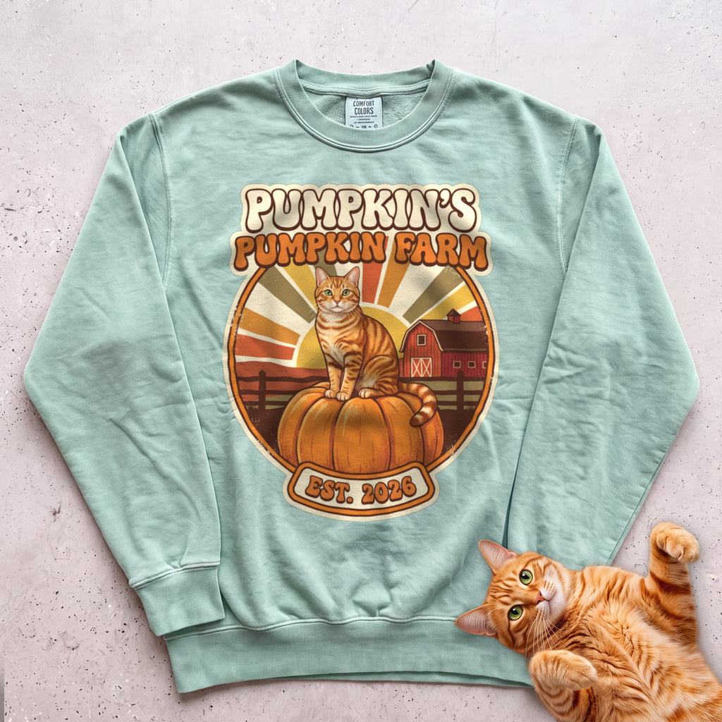 Personalized Pumpkin Farm Cat Sweatshirt - Light Green