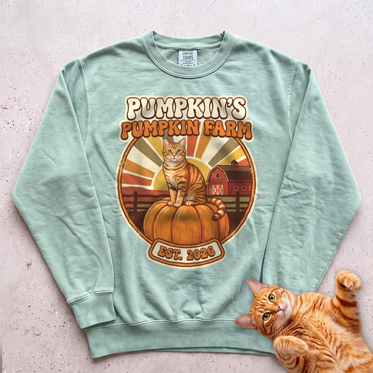 Personalized Pumpkin Farm Cat Sweatshirt - Light Green