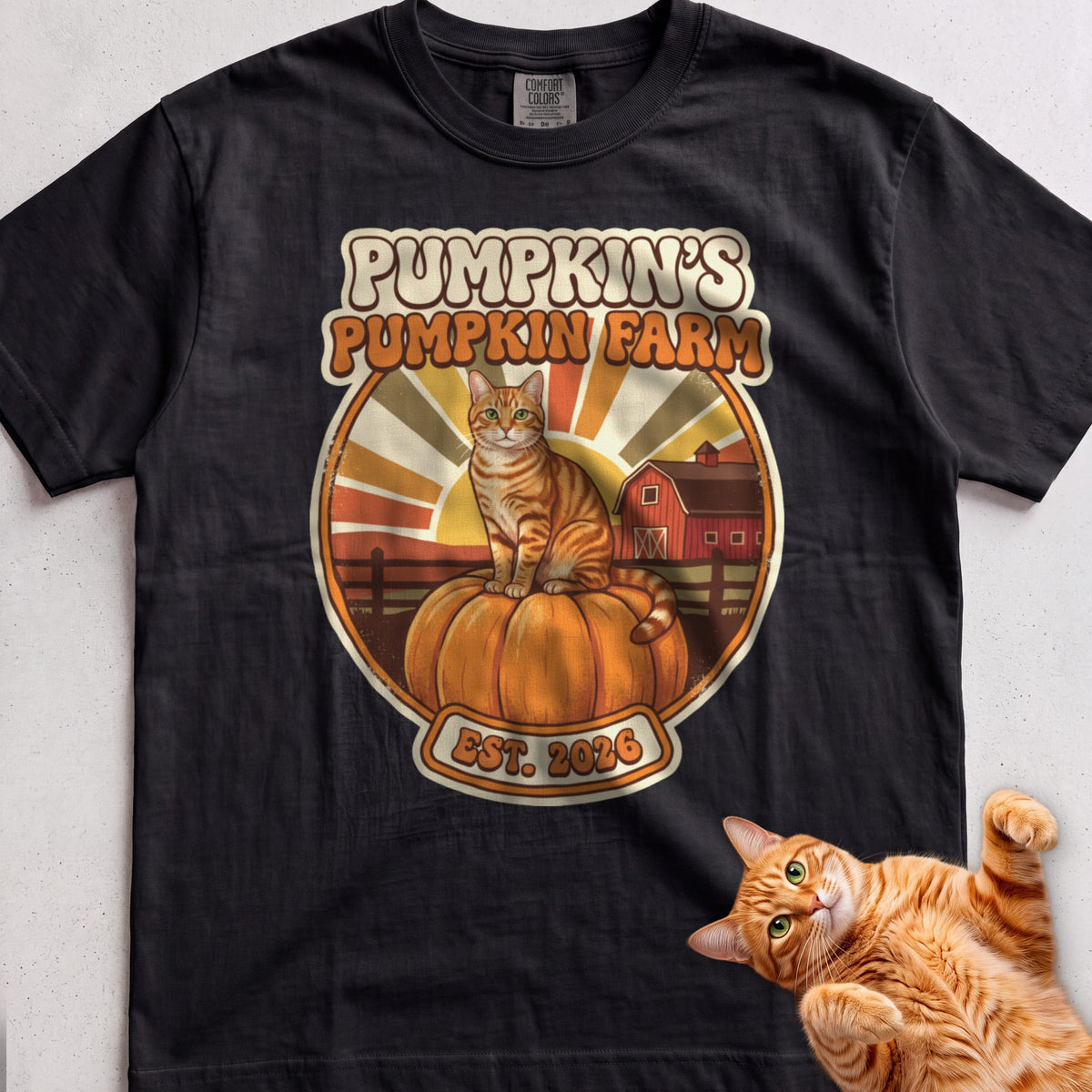 Personalized Pumpkin Farm Cat T-Shirt - Black