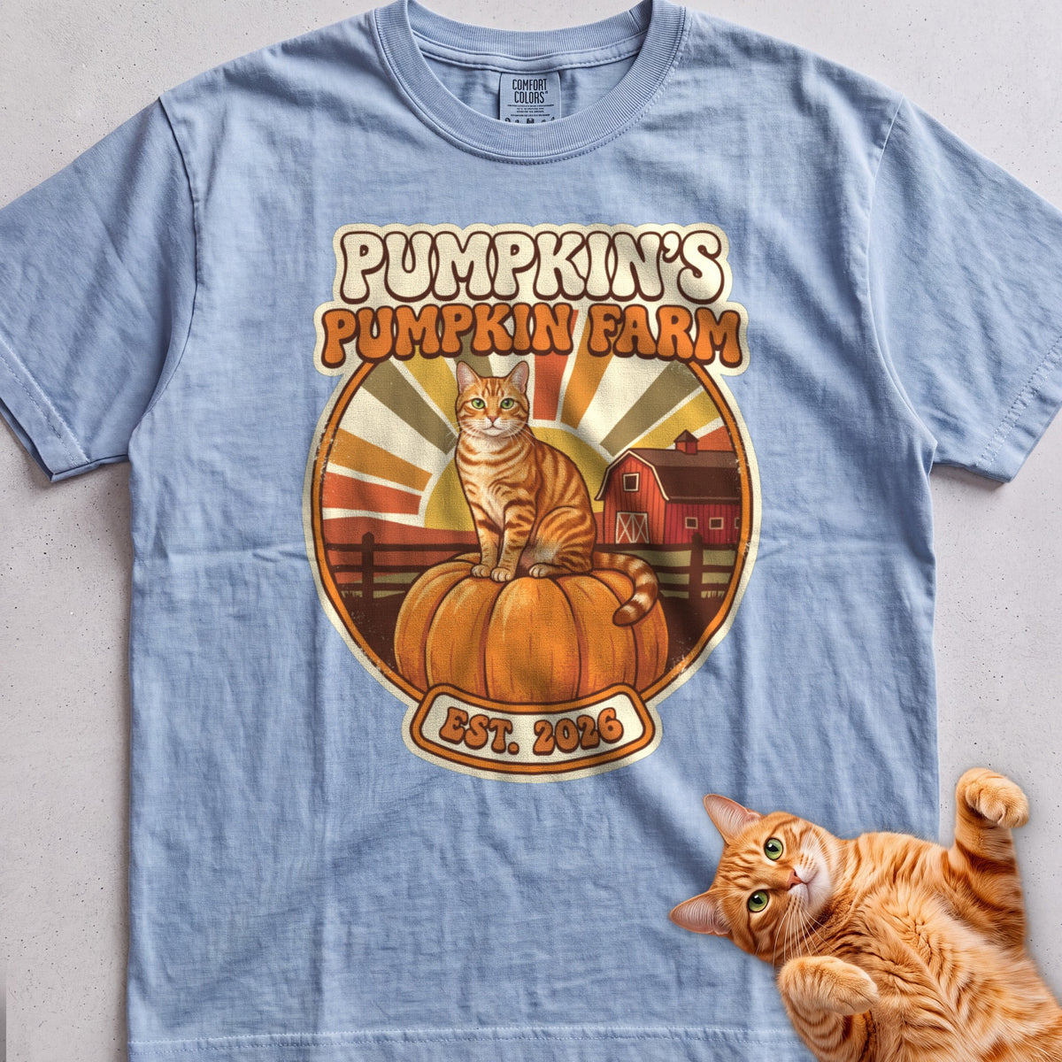 Personalized Pumpkin Farm Cat T-Shirt - Chambray