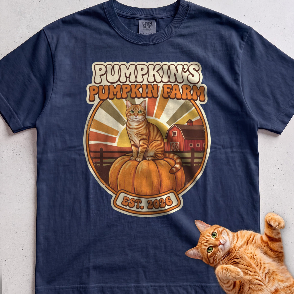 Personalized Pumpkin Farm Cat T-Shirt - True Navy