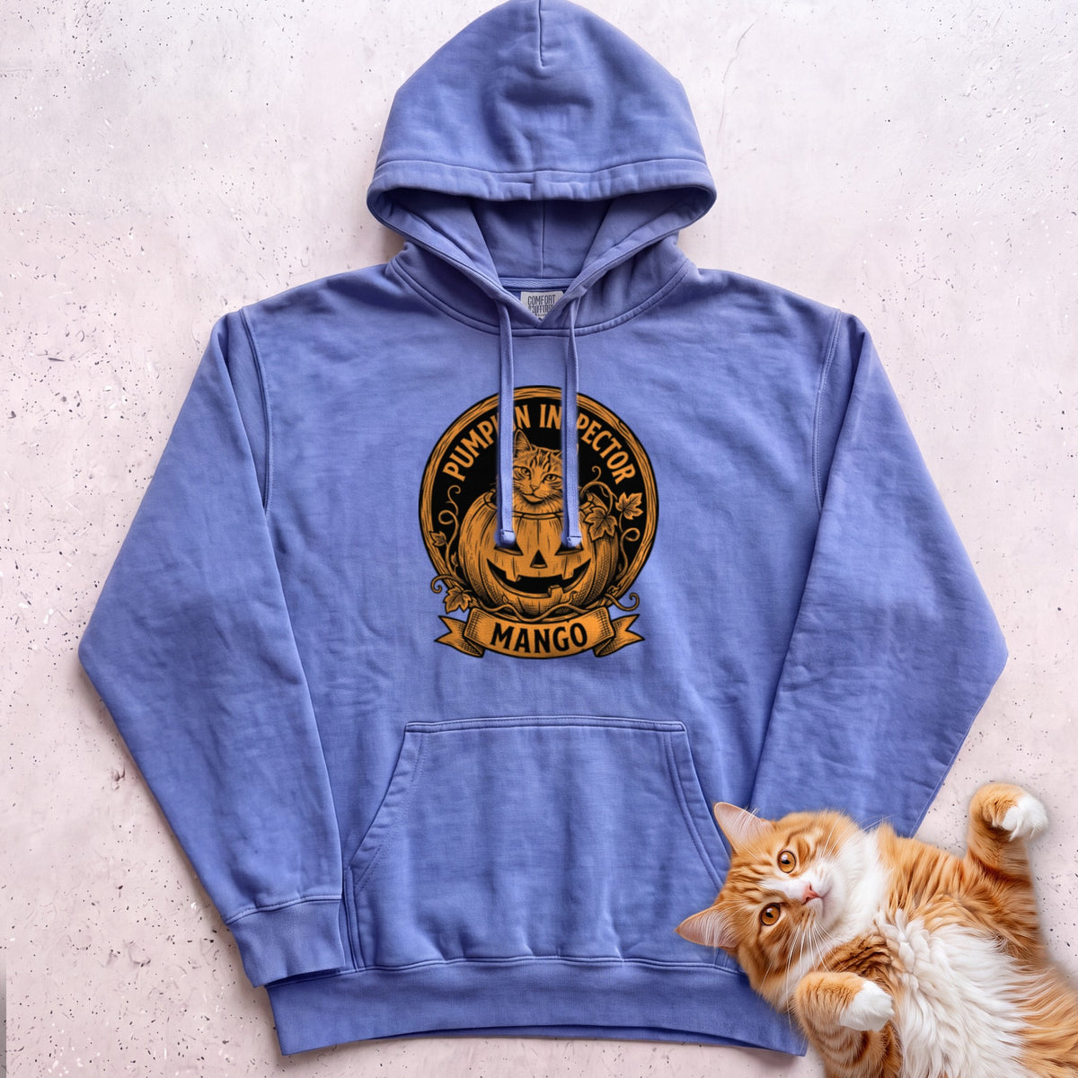 Personalized Pumpkin Inspector Cat Hoodie - Flo Blue