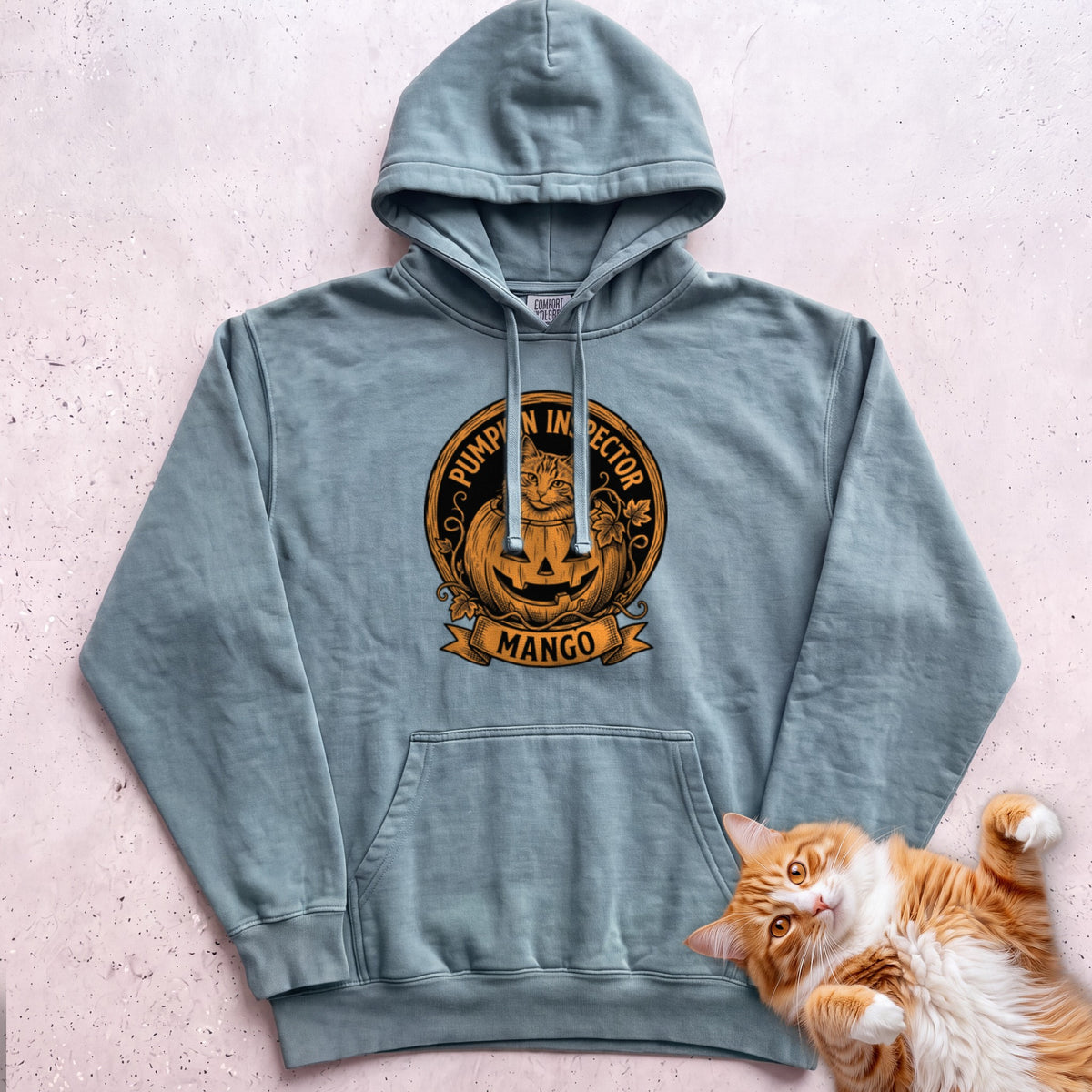 Personalized Pumpkin Inspector Cat Hoodie - Seafoam