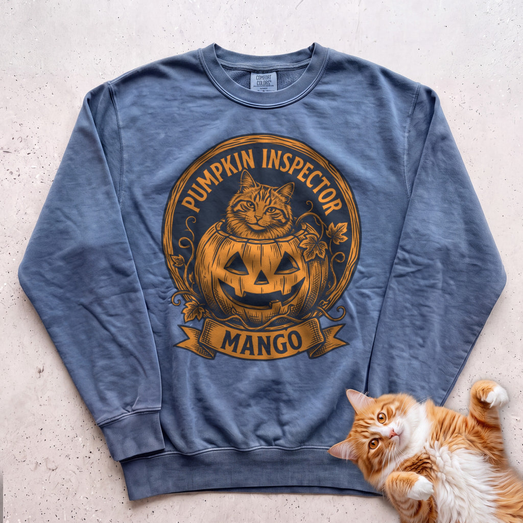Personalized Pumpkin Inspector Cat Sweatshirt - Blue Jean