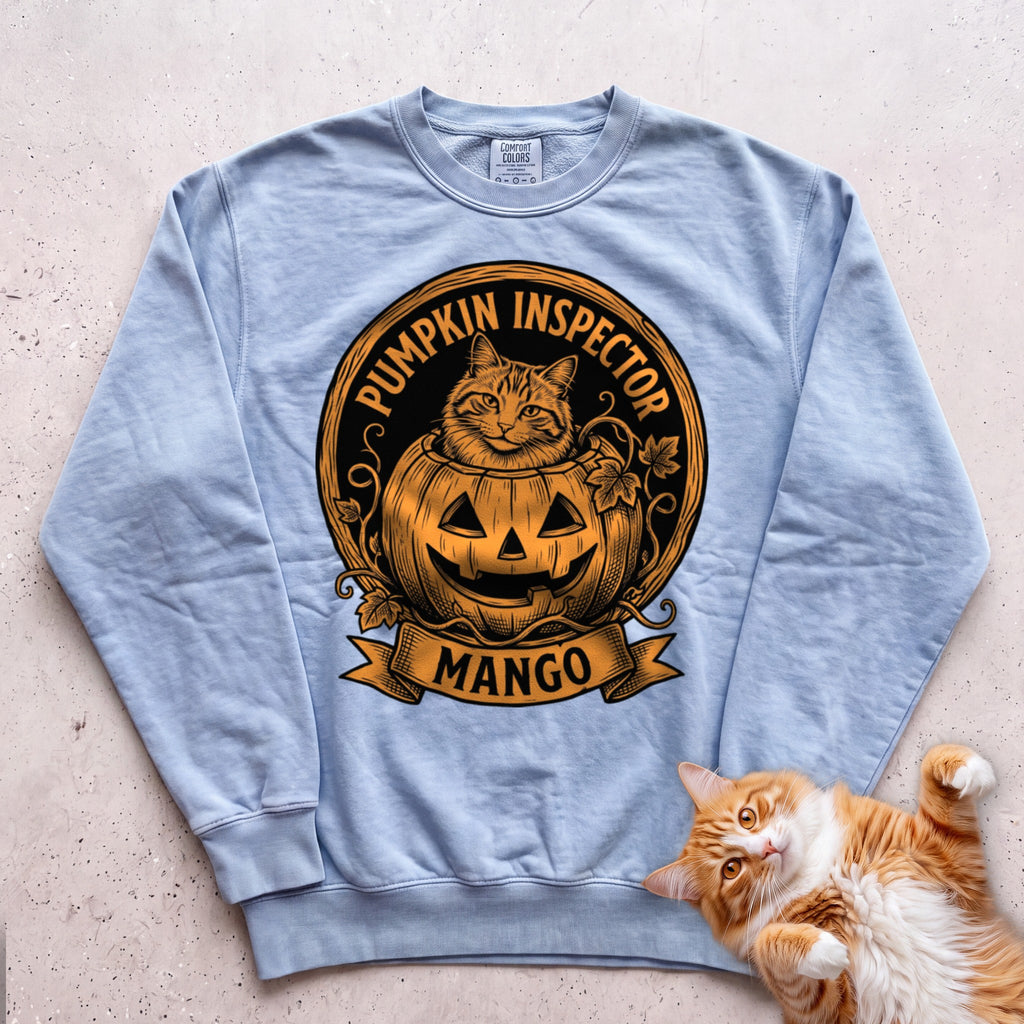 Personalized Pumpkin Inspector Cat Sweatshirt - Chambray