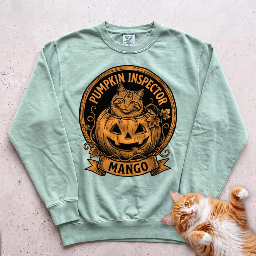 Personalized Pumpkin Inspector Cat Sweatshirt - Light Green