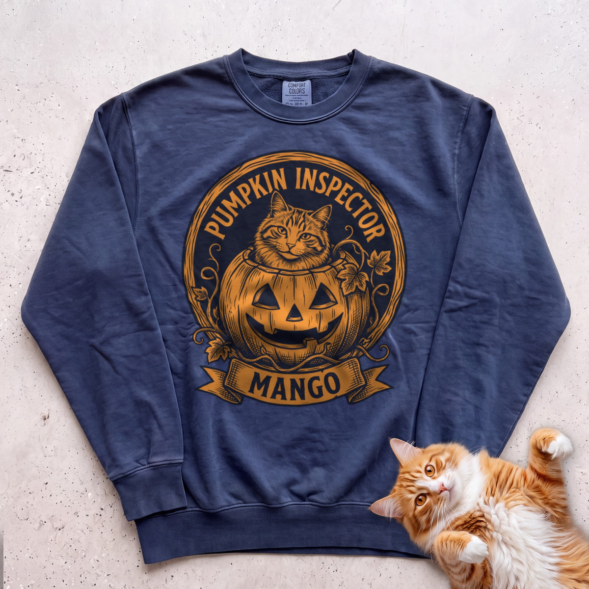 Personalized Pumpkin Inspector Cat Sweatshirt - True Navy