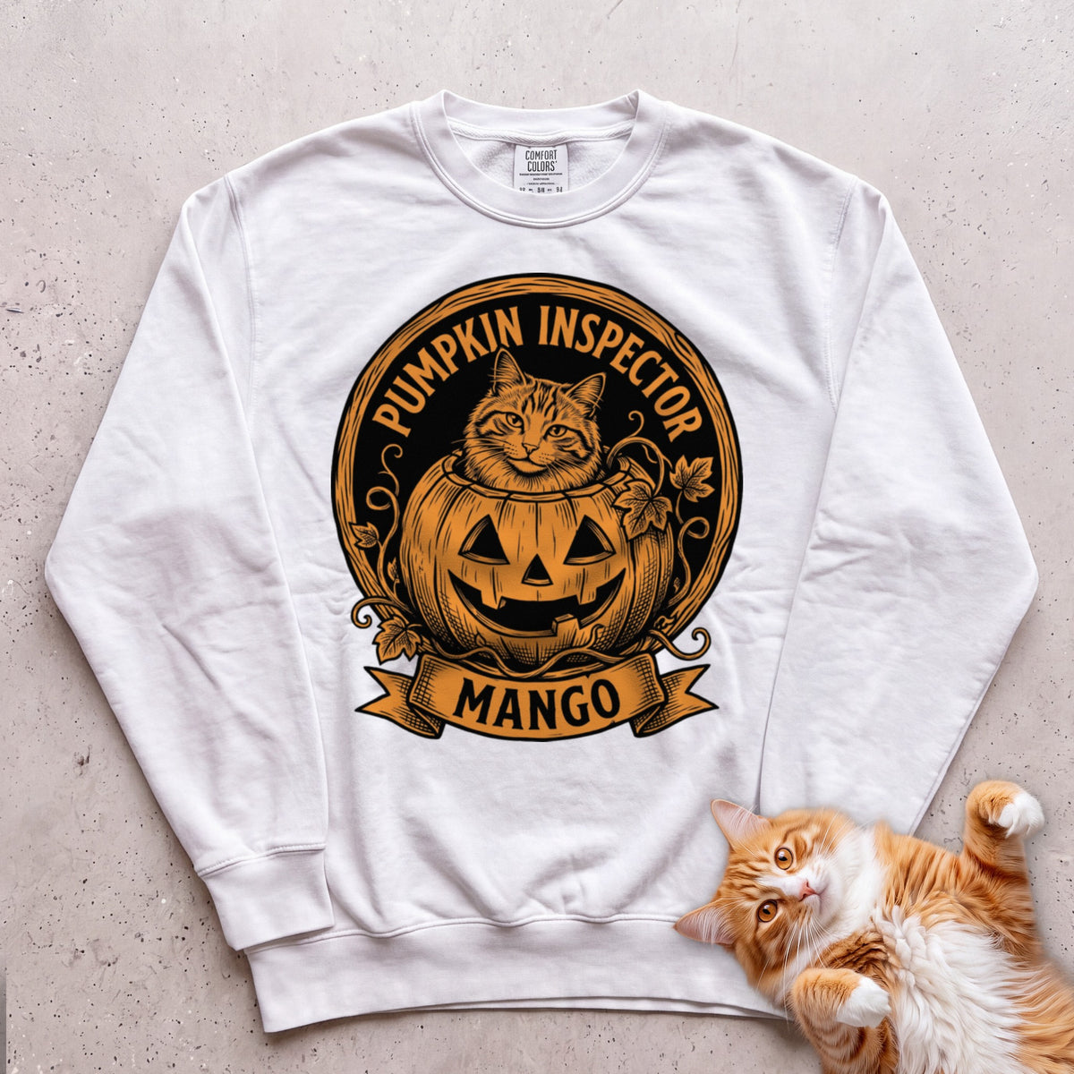 Personalized Pumpkin Inspector Cat Sweatshirt - White