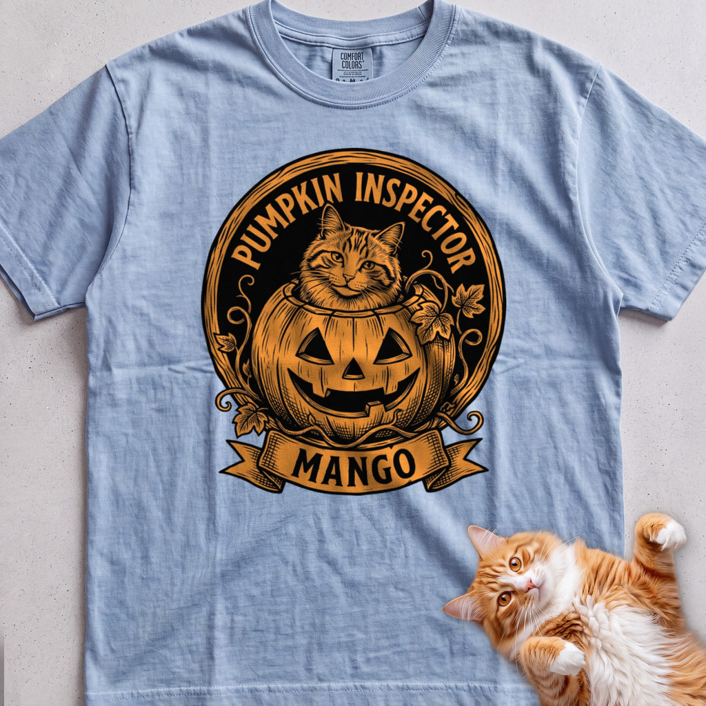 Personalized Pumpkin Inspector Cat T-Shirt - Chambray