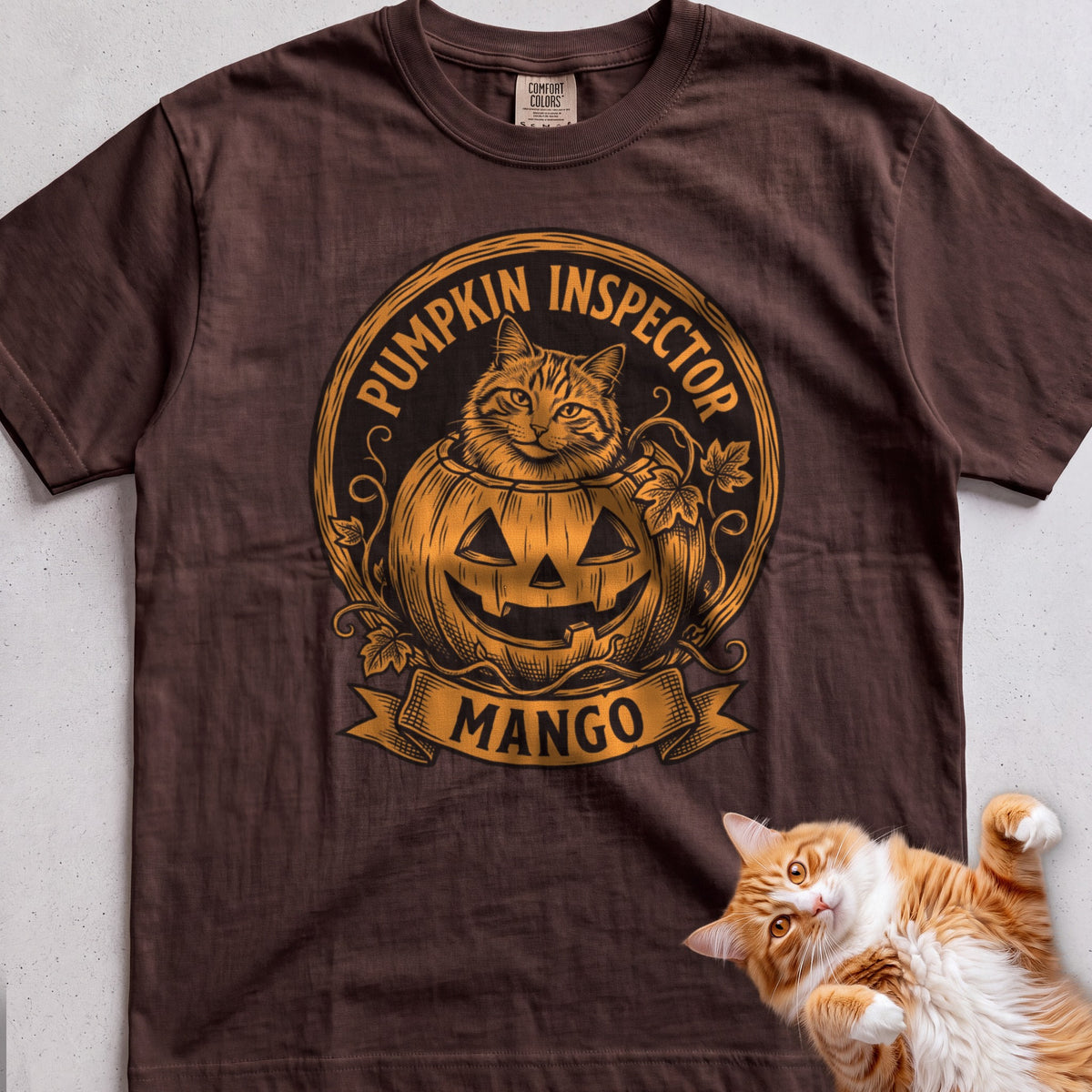 Personalized Pumpkin Inspector Cat T-Shirt - Espresso