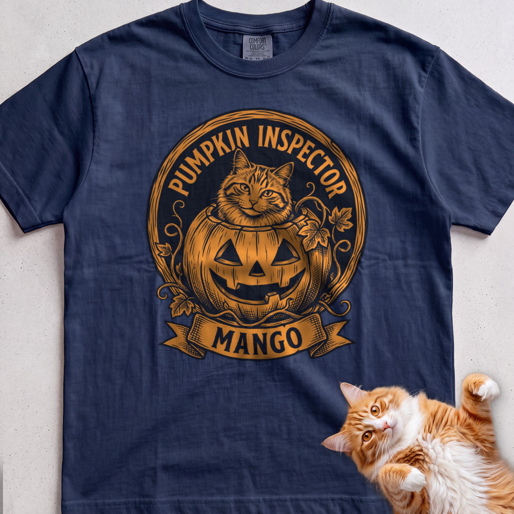 Personalized Pumpkin Inspector Cat T-Shirt - True Navy