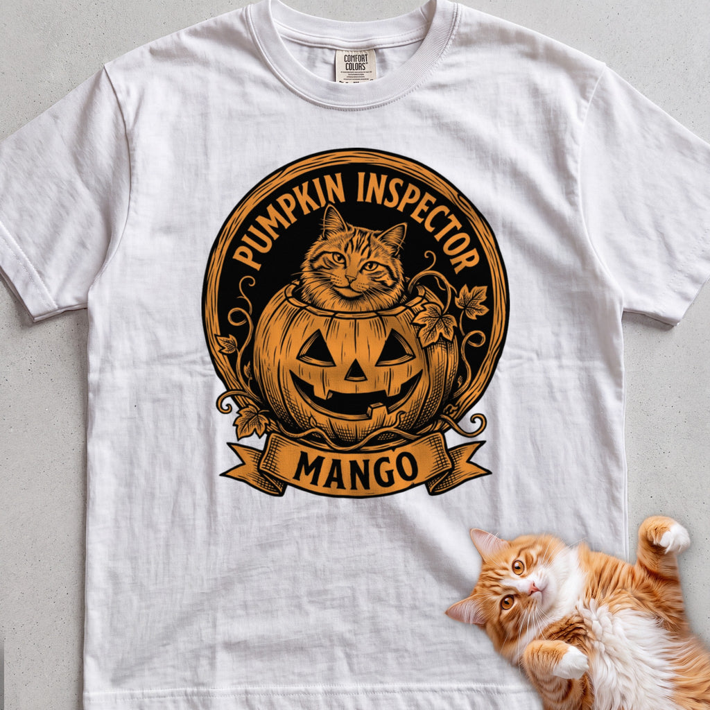 Personalized Pumpkin Inspector Cat T-Shirt - White
