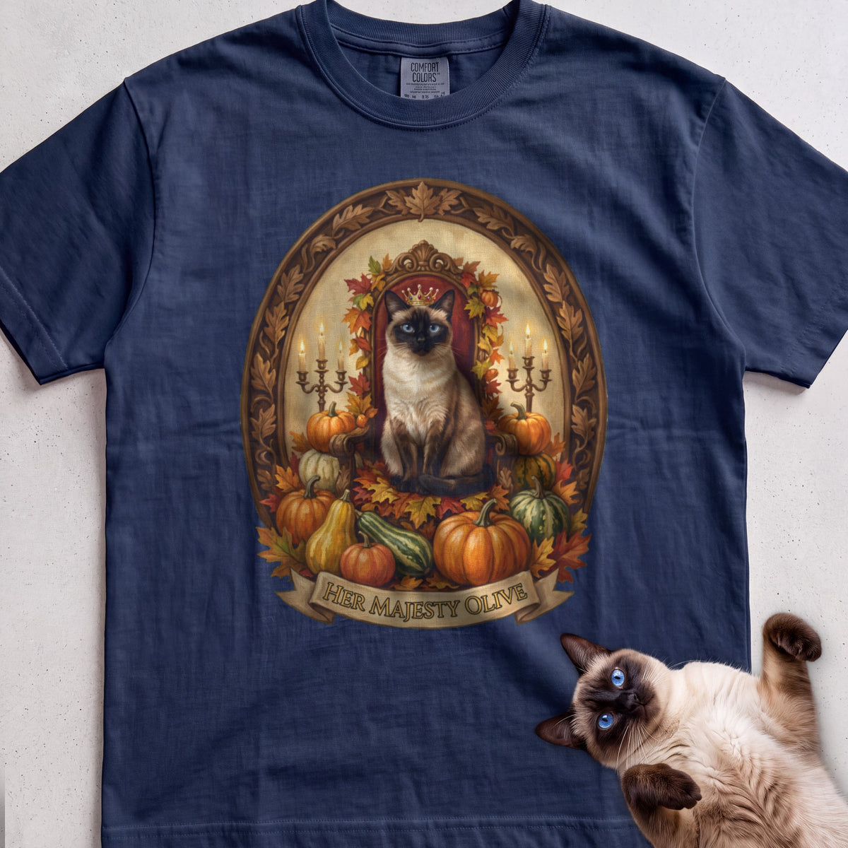 Personalized Pumpkin Throne Cat T-Shirt - True Navy