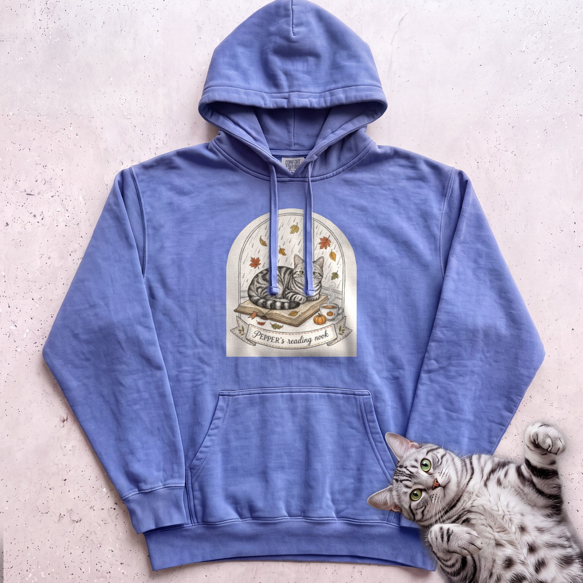Personalized Reading Nook Cat Hoodie - Flo Blue