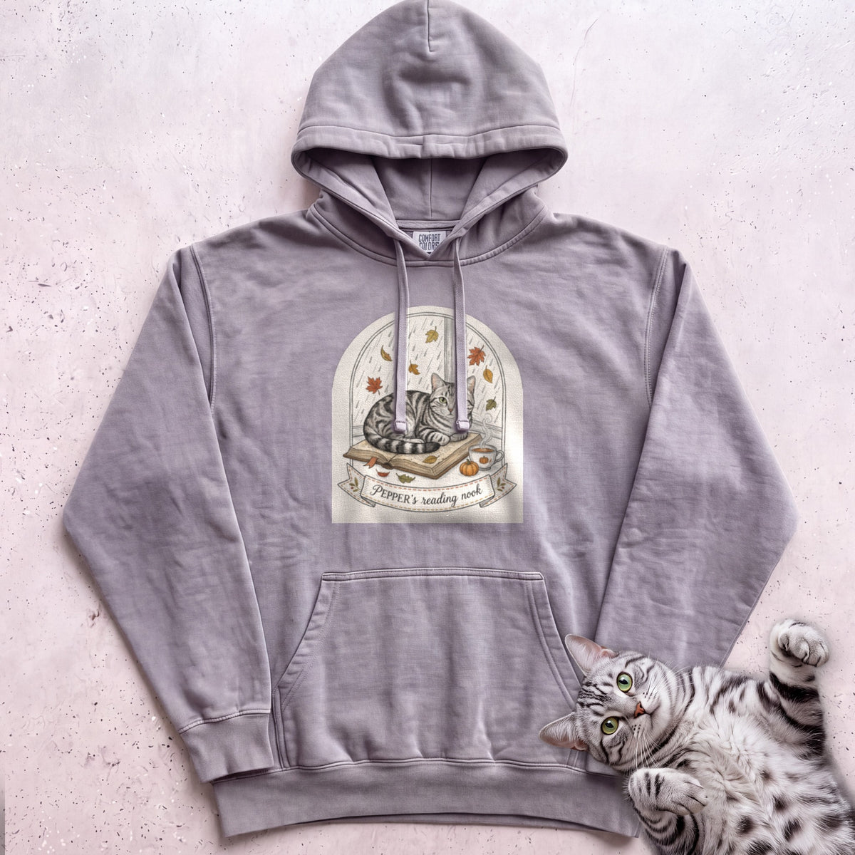 Personalized Reading Nook Cat Hoodie - Grey
