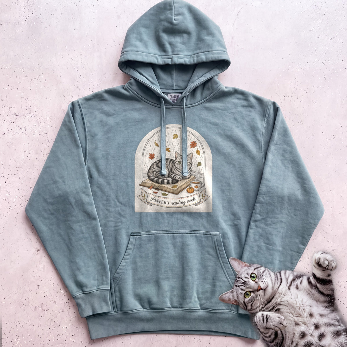 Personalized Reading Nook Cat Hoodie - Seafoam
