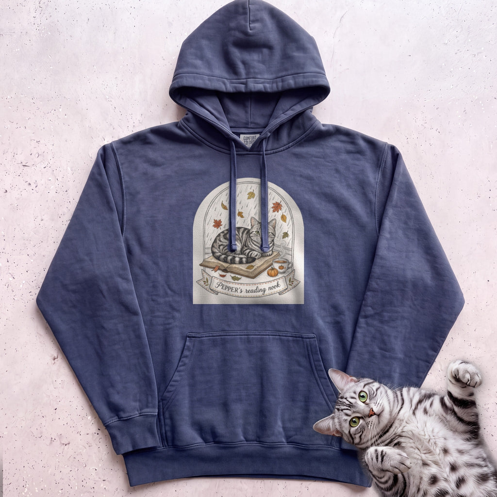 Personalized Reading Nook Cat Hoodie - True Navy