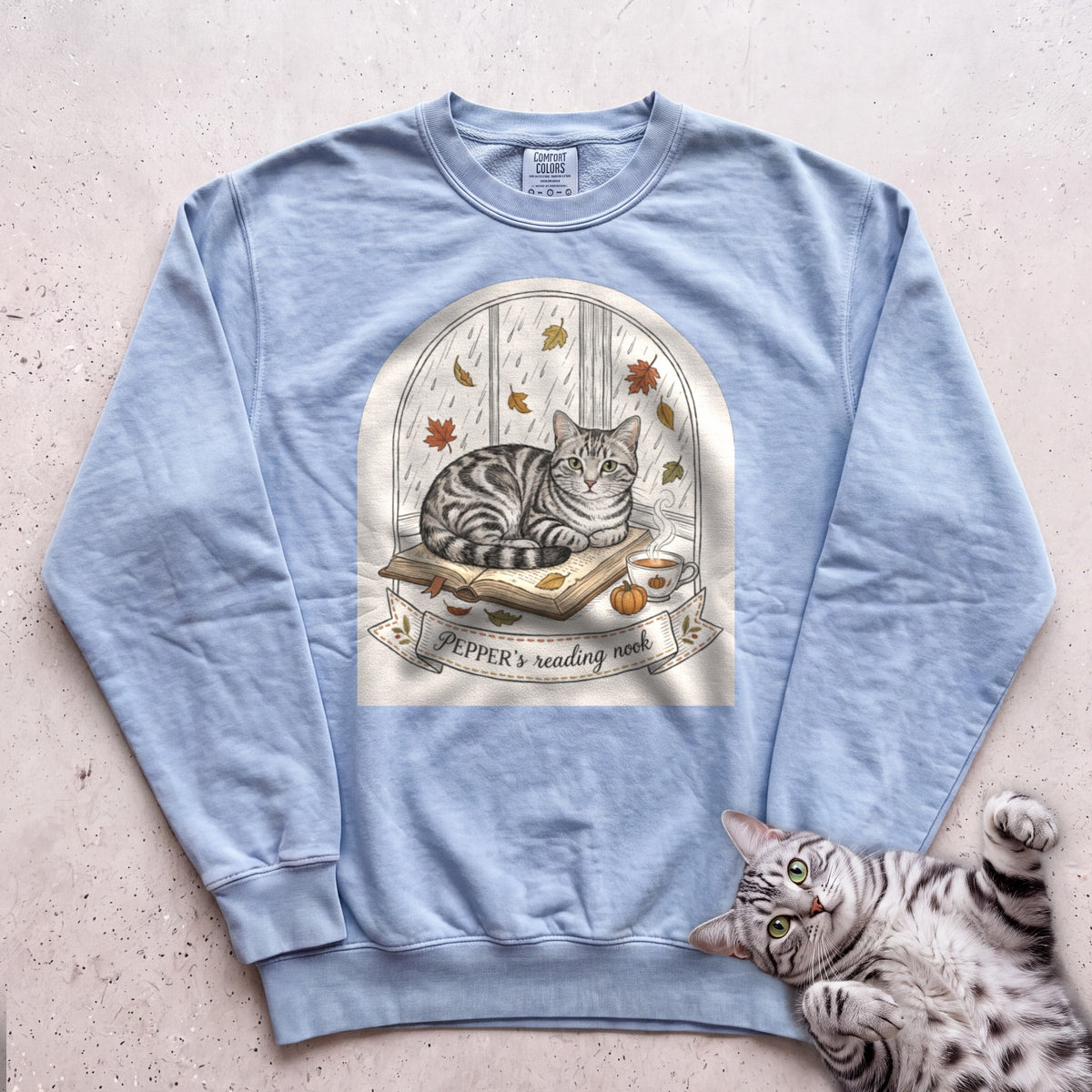 Personalized Reading Nook Cat Sweatshirt - Chambray