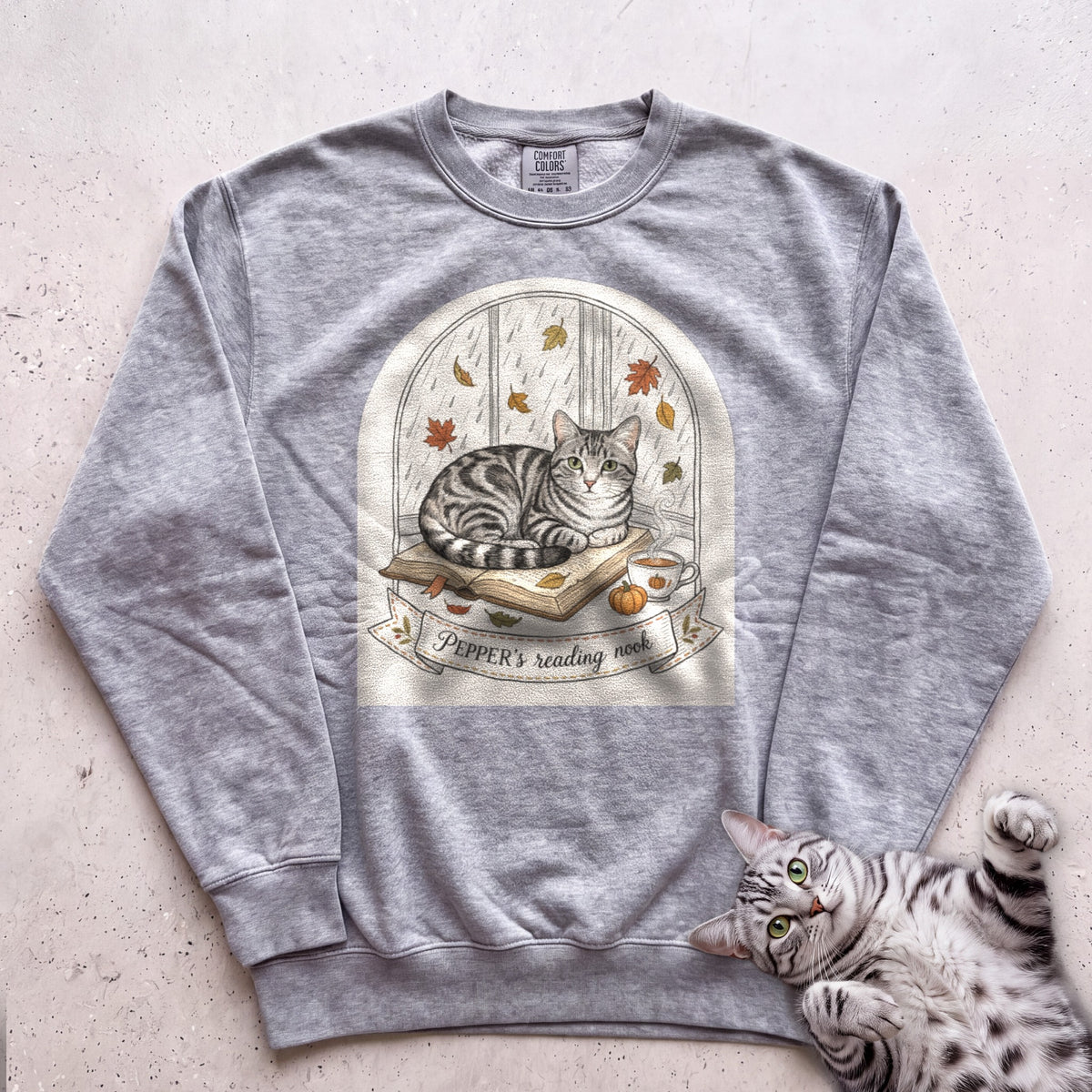 Personalized Reading Nook Cat Sweatshirt - Grey
