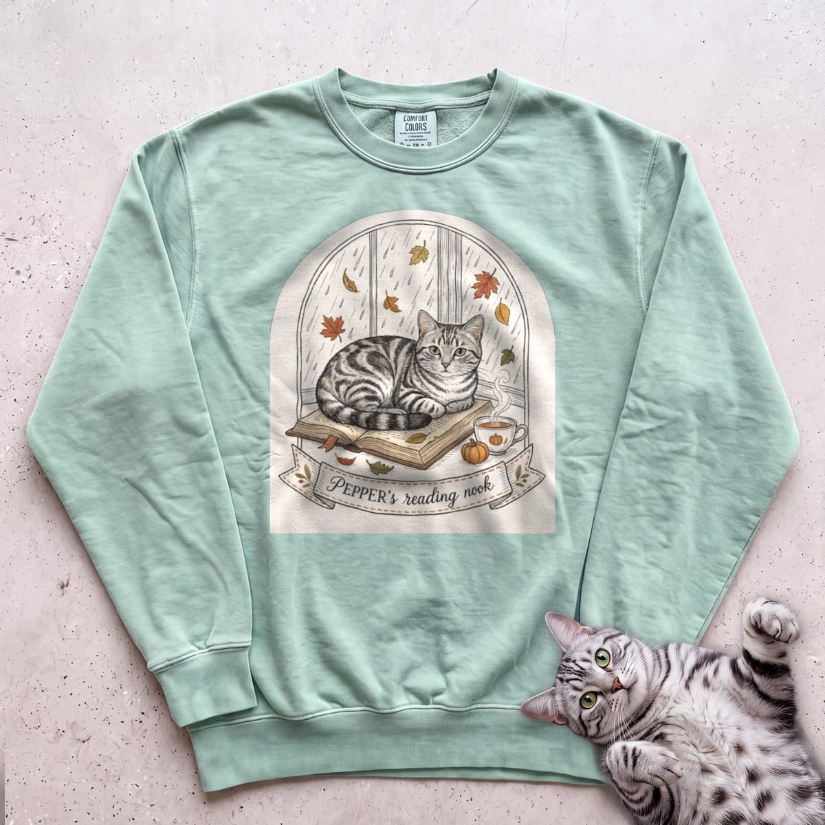 Personalized Reading Nook Cat Sweatshirt - Light Green