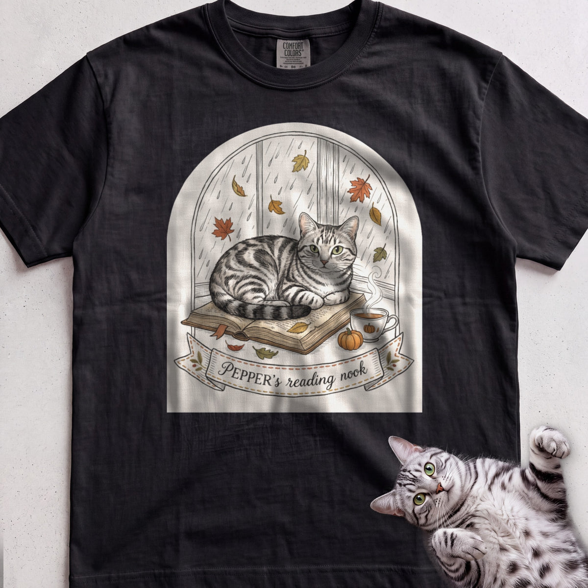Personalized Reading Nook Cat T-Shirt - Black