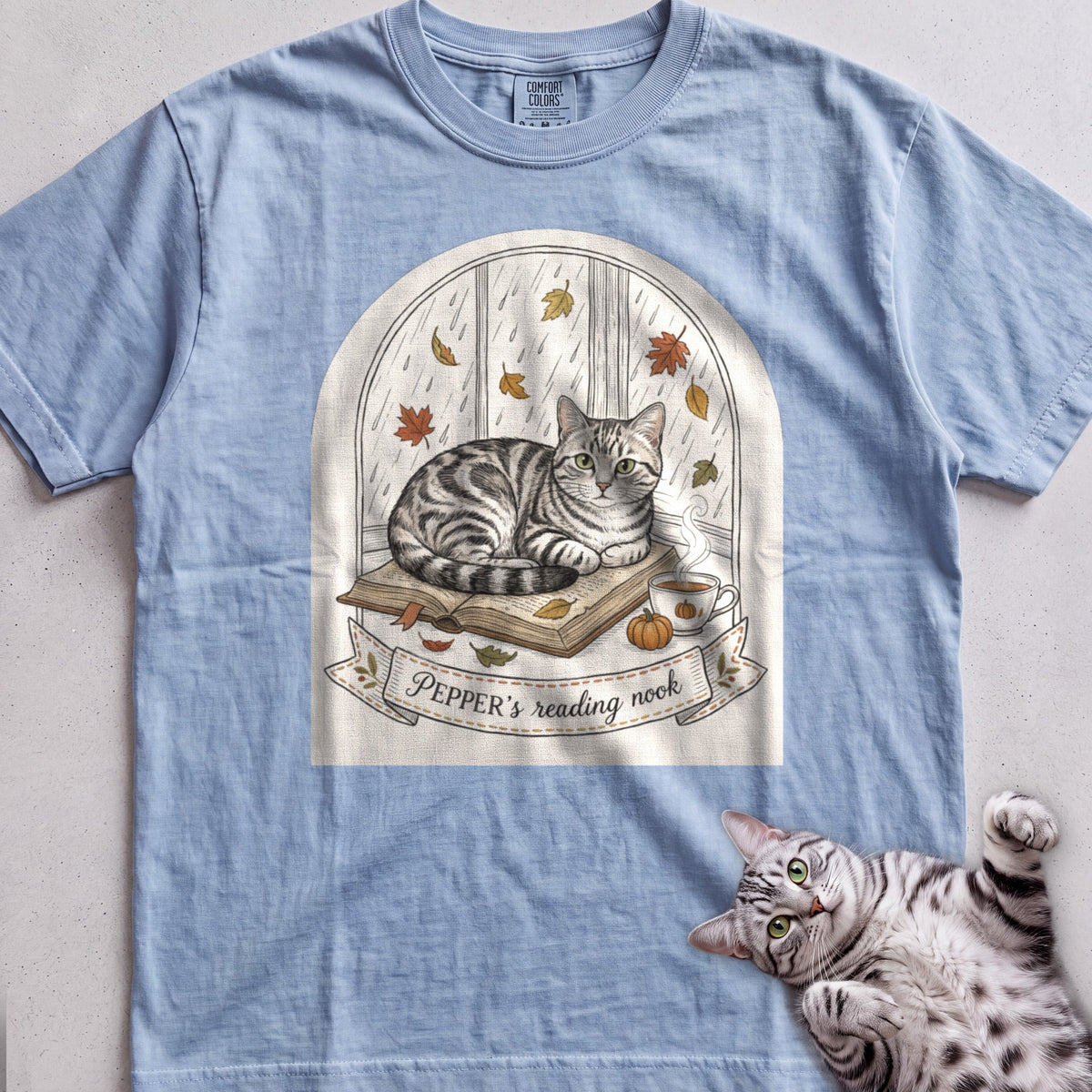 Personalized Reading Nook Cat T-Shirt - Chambray