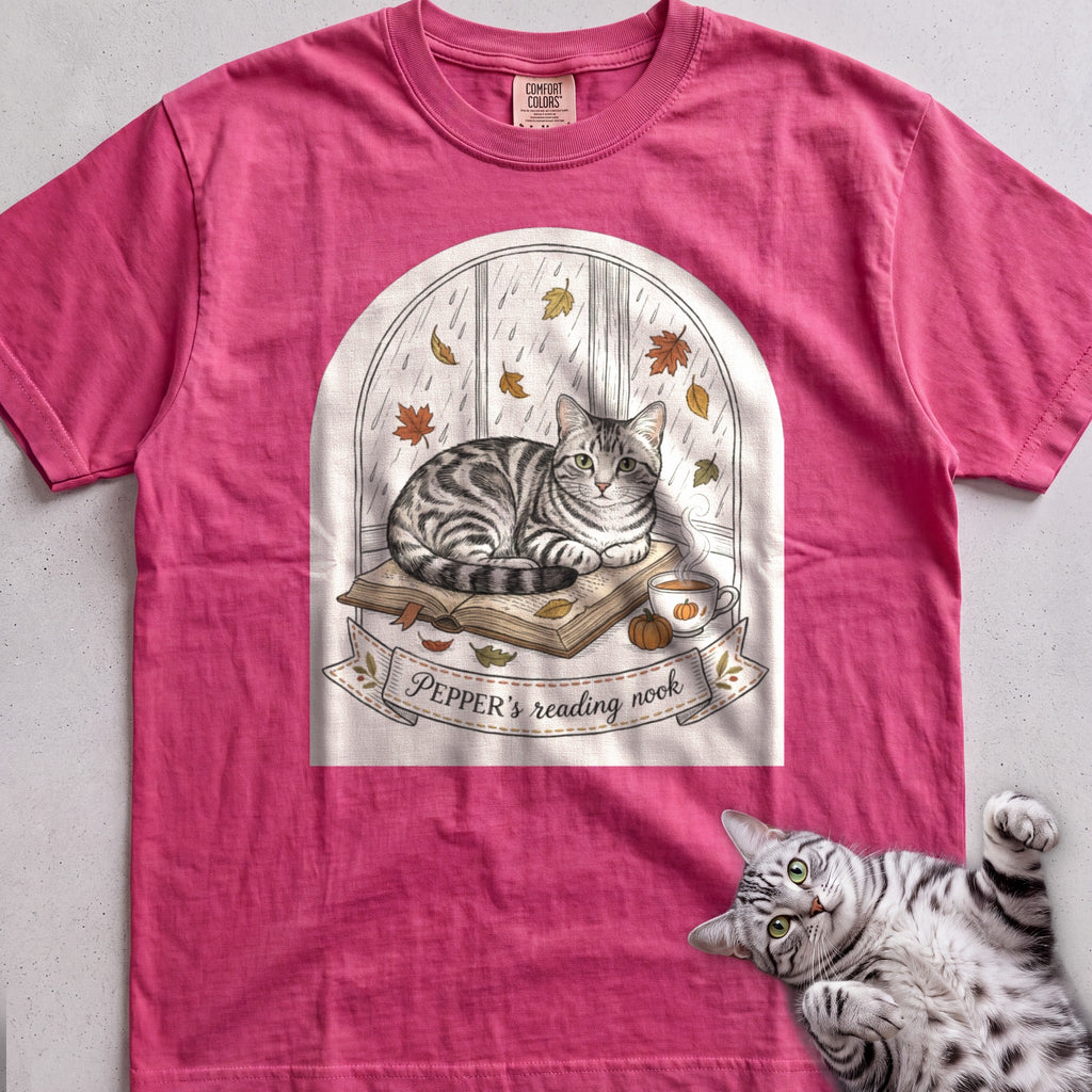Personalized Reading Nook Cat T-Shirt - Crunchberry