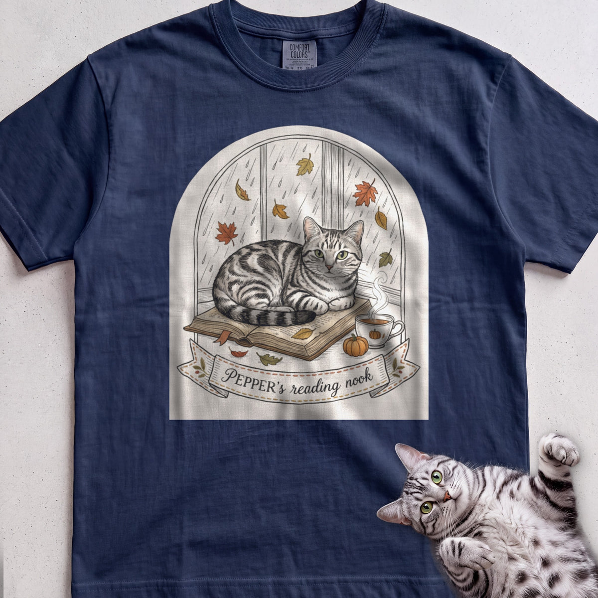 Personalized Reading Nook Cat T-Shirt - True Navy
