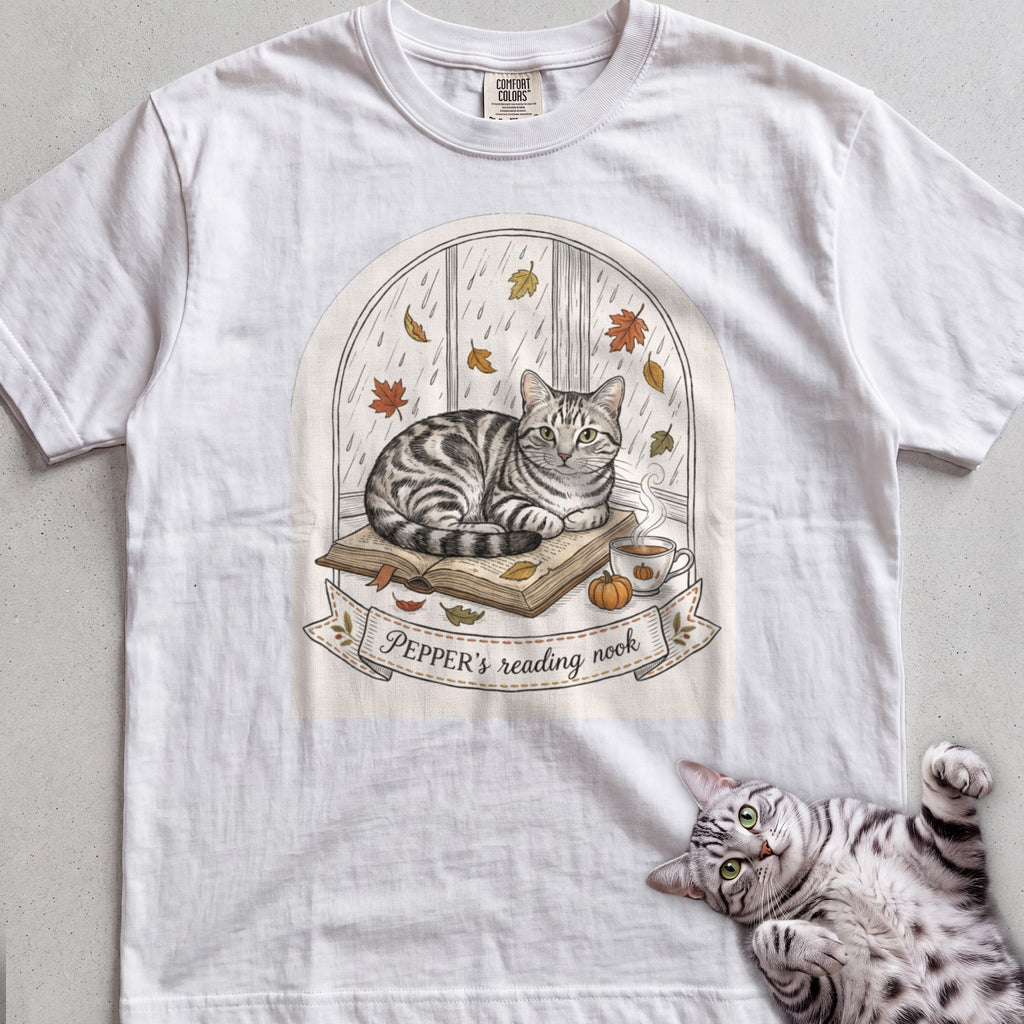 Personalized Reading Nook Cat T-Shirt - White