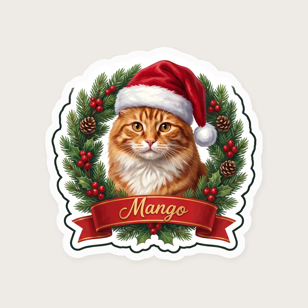 Personalized Santa Hat Cat Portrait Sticker print detail (sample cat Mango)