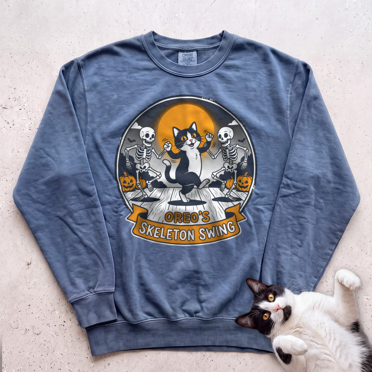 Personalized Skeleton Swing Cat Sweatshirt - Blue Jean