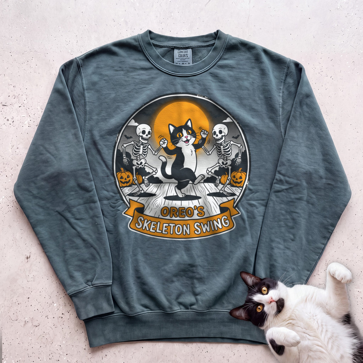 Personalized Skeleton Swing Cat Sweatshirt - Blue Spruce