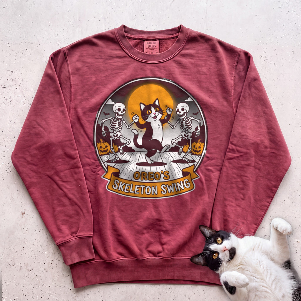 Personalized Skeleton Swing Cat Sweatshirt - Crimson