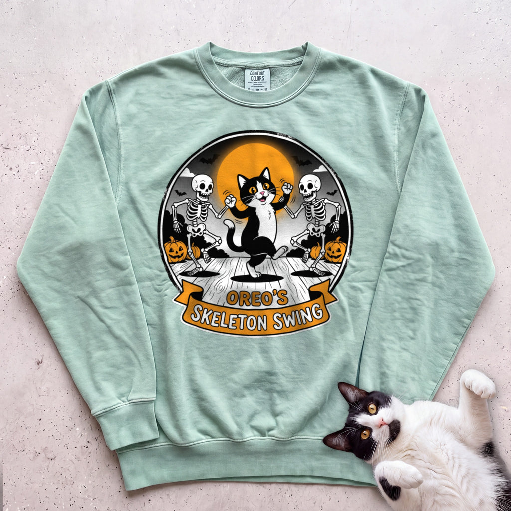 Personalized Skeleton Swing Cat Sweatshirt - Light Green