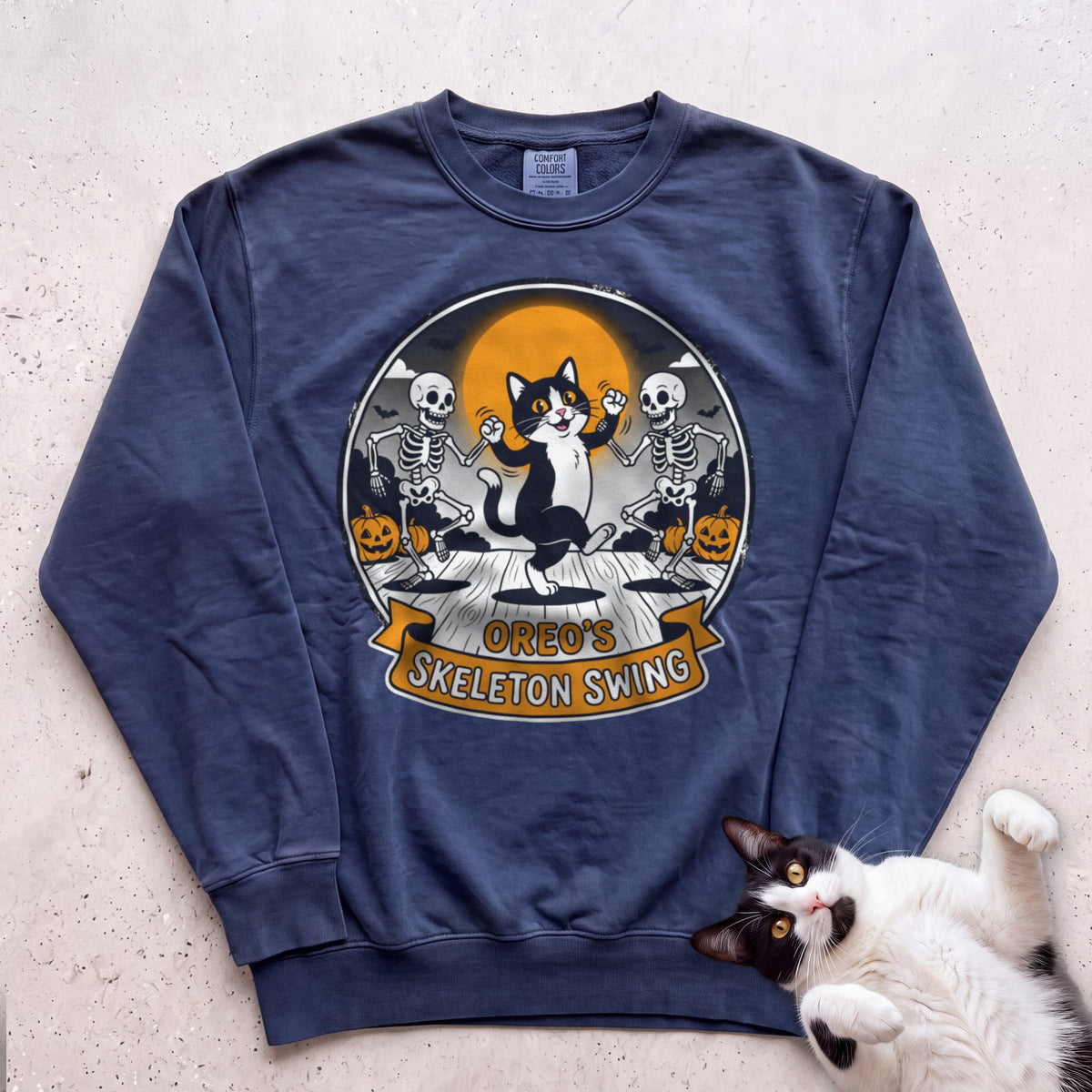 Personalized Skeleton Swing Cat Sweatshirt - True Navy