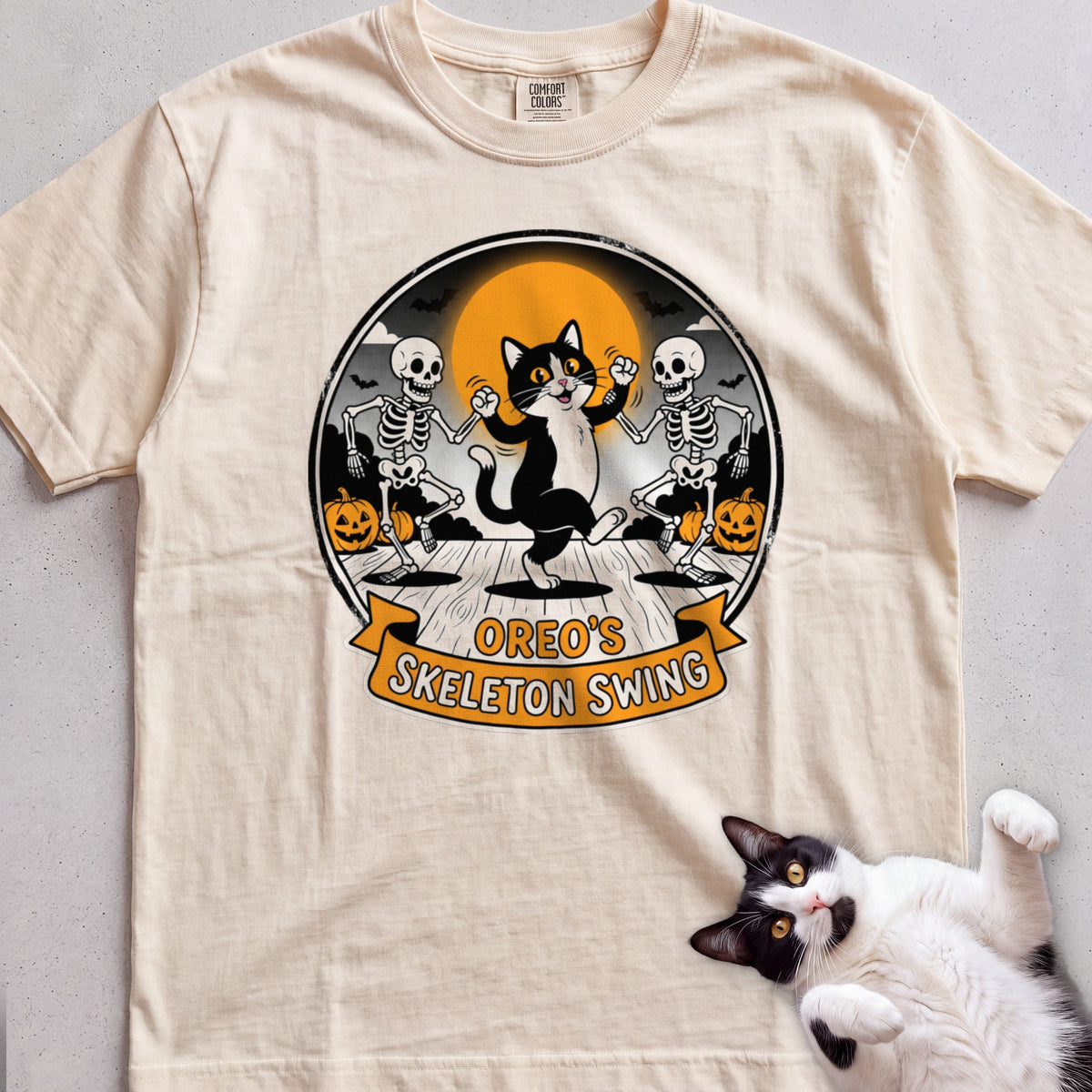 Personalized Skeleton Swing Cat T-Shirt - Ivory