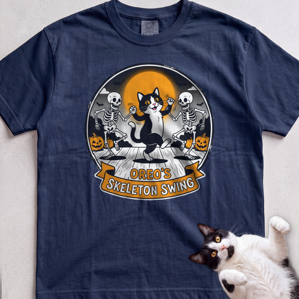 Personalized Skeleton Swing Cat T-Shirt - True Navy