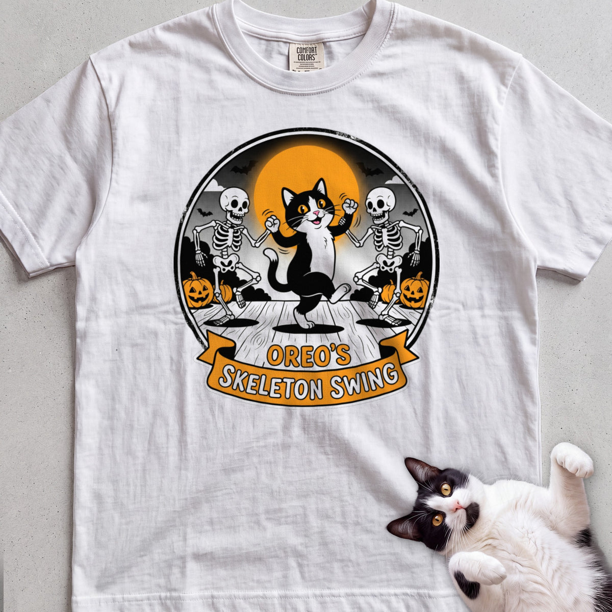 Personalized Skeleton Swing Cat T-Shirt - White