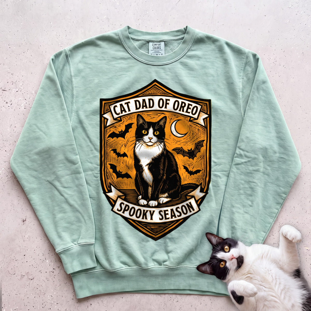 Personalized Spooky Cat Dad Sweatshirt - Light Green